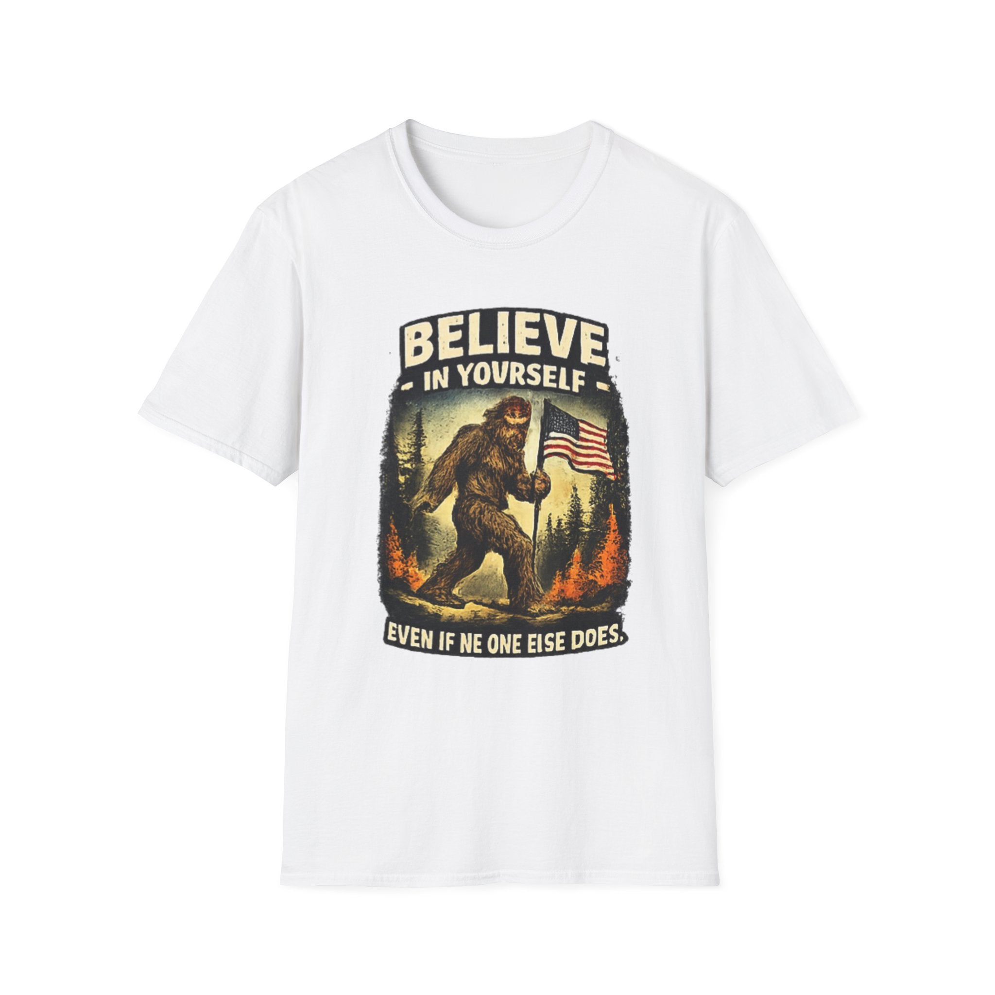 Believe In Yourself Bigfoot T-Shirt — Retro Patriotic Sasquatch Graphic Tee